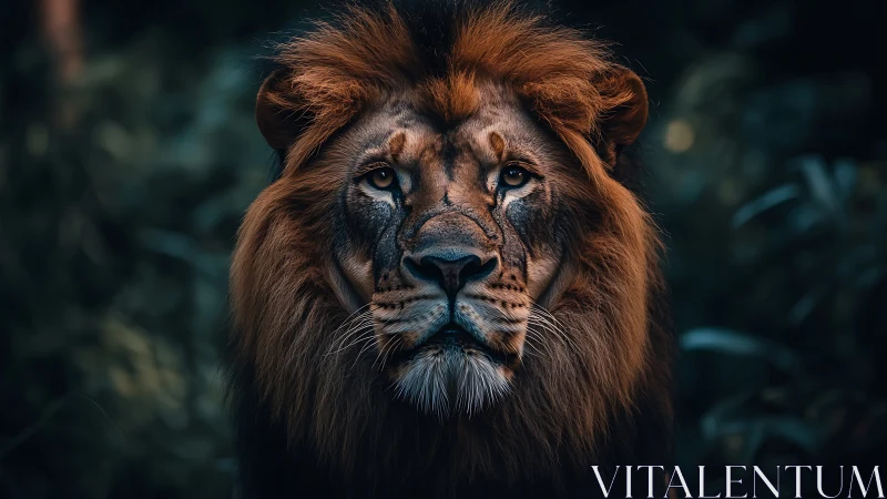 Midnight-maned lion studies the forest with solemn fire