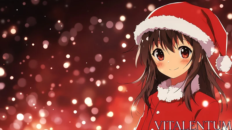 Smiling anime girl wears red Santa coat against bokeh lights