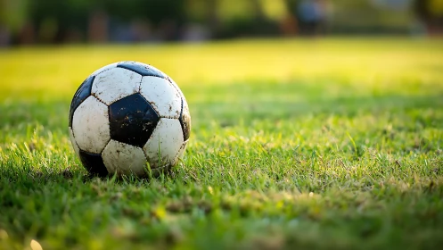 Sunlit soccer ball rests quietly on a fresh green field