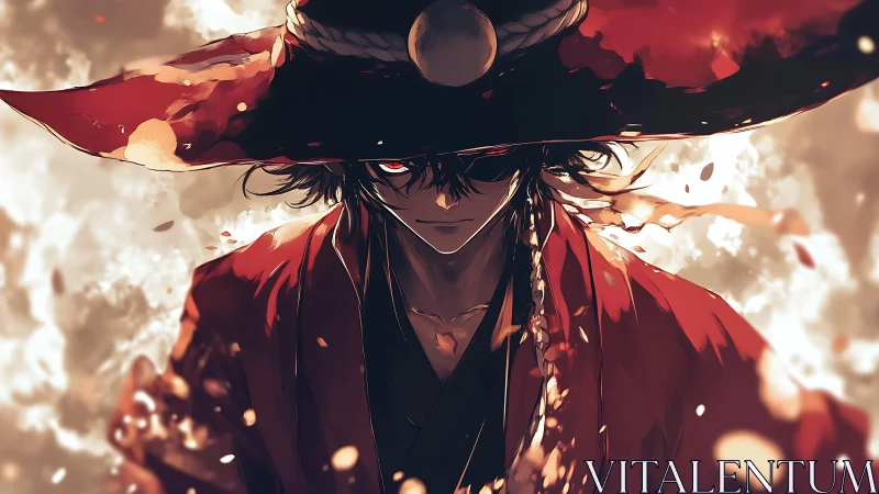 Fiery wanderer in a crimson cloak and storm-touched hat.