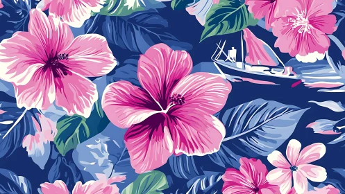 Tropical Floral Pattern with Nautical Element on Navy Background