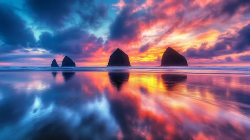 Vivid coastal sunset reflects towering sea stacks perfectly