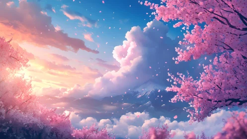 Cherry blossoms frame distant mountain above glowing clouds