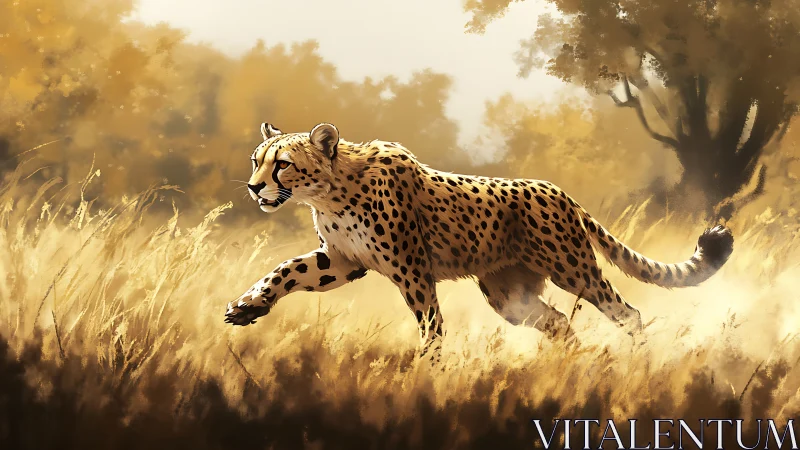 Cheetah in Motion Through Golden Savanna Landscape.