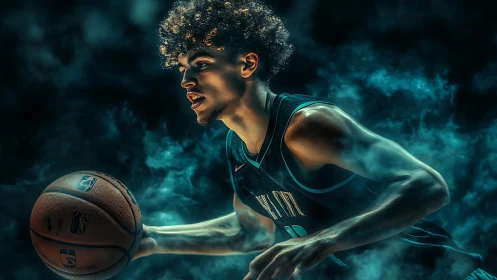 Dynamic guard drives through teal smoke with glowing focus.