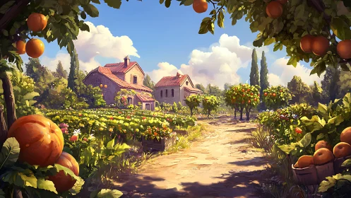 Sunlit country orchard frames a peaceful farmhouse path.