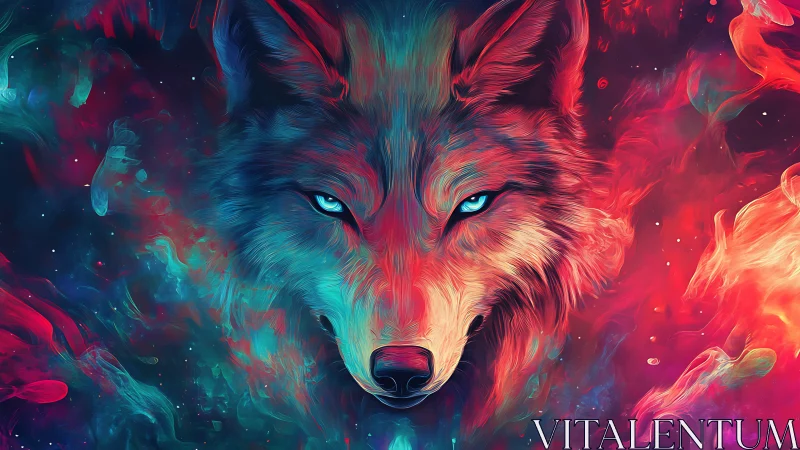Neon wolf portrait burns through swirling cosmic nebula