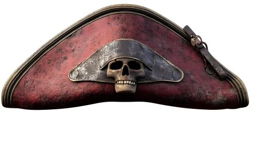 Weathered Pirate Tricorn Hat with Metallic Skull Emblem, Digital Art.