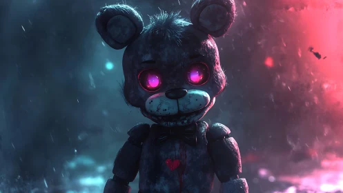 Haunted robot teddy bear glows under neon stormlight.