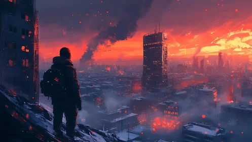 Lone wanderer above ember-soaked postapocalyptic skyline.