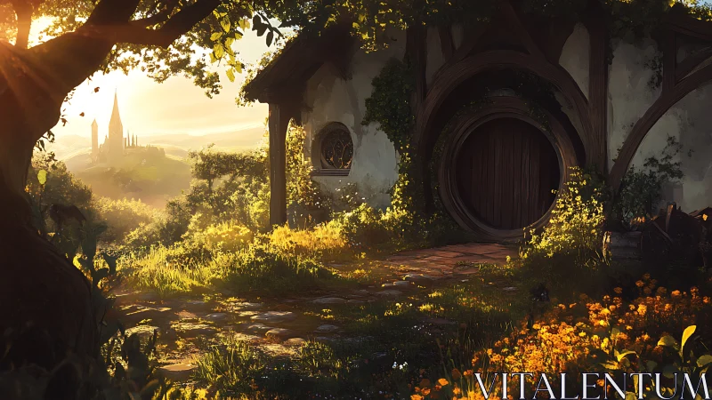 Sunlit hobbit doorway in lush valley with distant citadel.