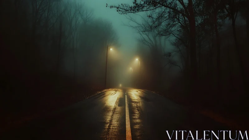 Streetlamps whisper down a mist-soaked forest road at night