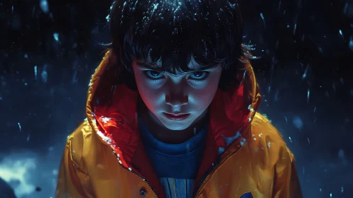Young figure in luminous winter gear amid dynamic particle effects and cool neon lighting