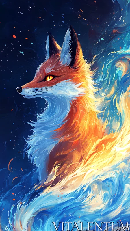Elemental fox portrait integrates swirling fire and fluid energy