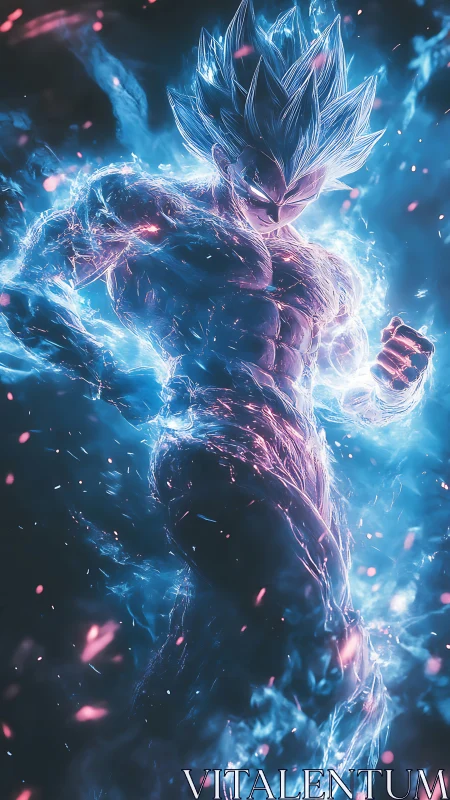 Electrified blue warrior silhouette in intense energy field.