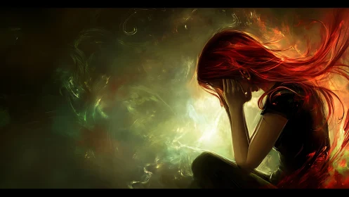 Backlit red-haired figure in crouched pose within swirling light field