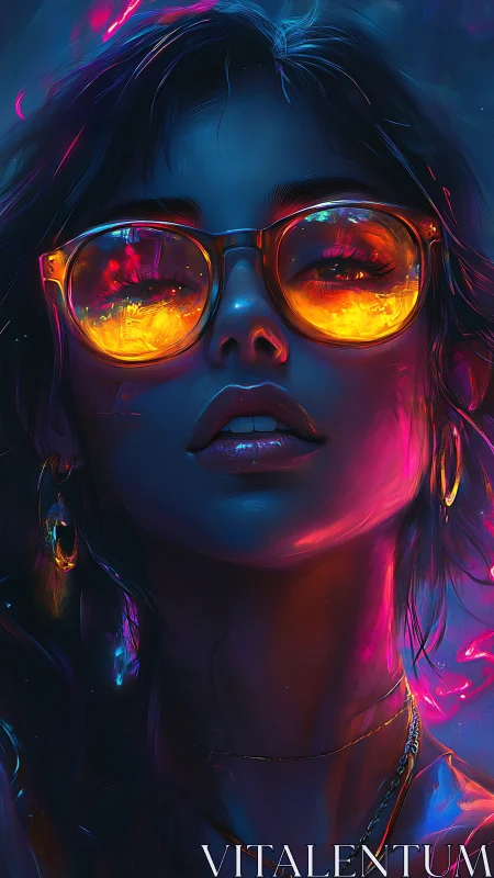 Neon-lit cyberpunk portrait with reflective orange glasses
