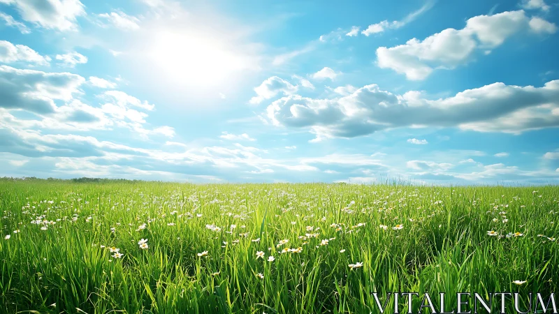 Solar-illuminated meadow panorama with stratocumulus cloud field.