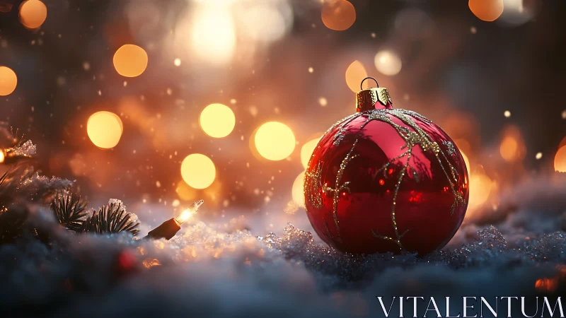 Red glass bauble in snow with warm golden festive bokeh