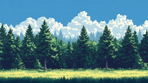 Coniferous forest landscape with cumulus clouds.