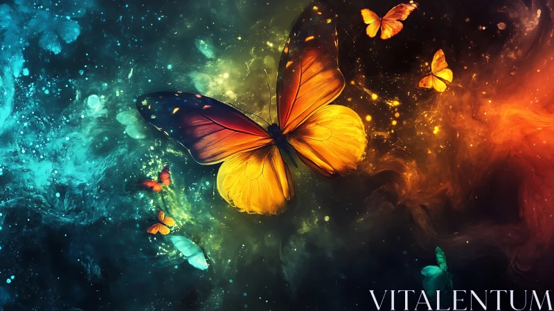 Radiant cosmic butterfly drifts through swirling nebula light