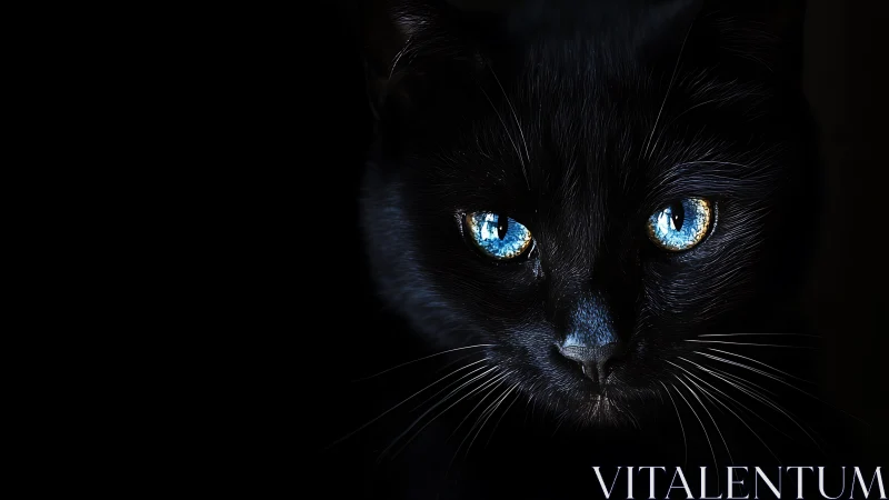 High-contrast portrait of melanistic feline with dichromatic luminous ocular anatomy.