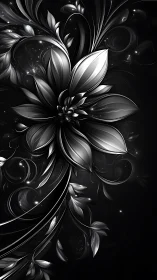 Monochrome floral abstraction with metallic leaf forms.