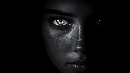 Stark monochrome portrait with intense reflective eyes.