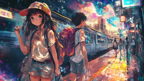 Teen travelers wait on vivid urban platform under neon sky