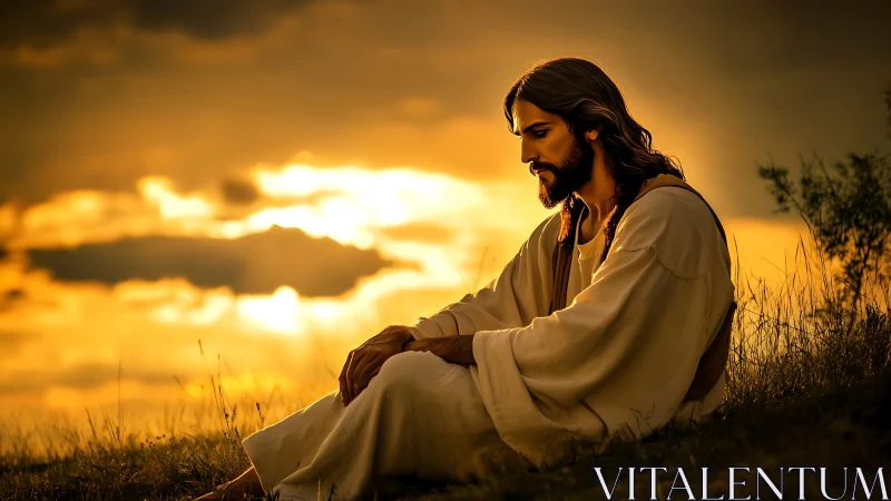 Golden sunset quiets a thoughtful figure in gentle prayer