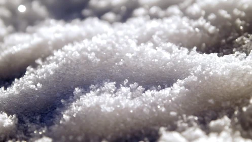 Close-up surface view of granular white snow crystals.