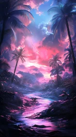 Neon tide under cotton candy skies in dreamlit jungle.