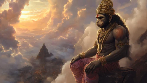 Mythic simian warrior over cloud-wrapped temple valley.