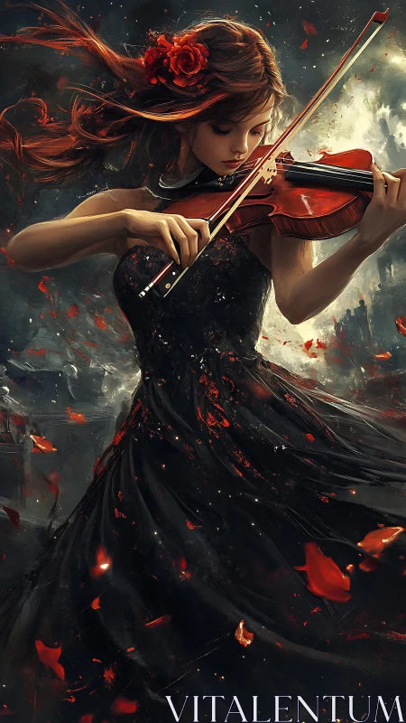 Violin siren in a storm of petals and duskfire echoes.