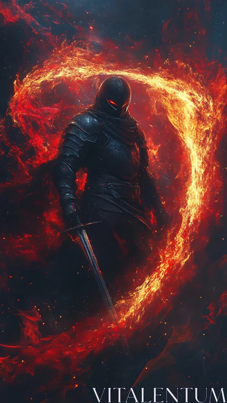 Dark armored warrior within blazing fiery ring.