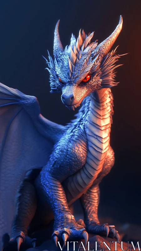 Blue-scaled dragon rendered in dramatic studio lighting.