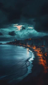 Storm-lit coastal cityscape contrasts cyan surf with amber streets