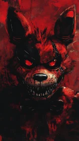 Predatory red animatronic grins inside splattered nightmare.