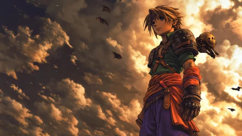 Armored anime warrior stands against dramatic sunset sky.