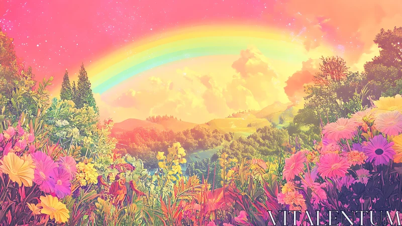 Hyper-saturated floral valley landscape under spectral rainbow