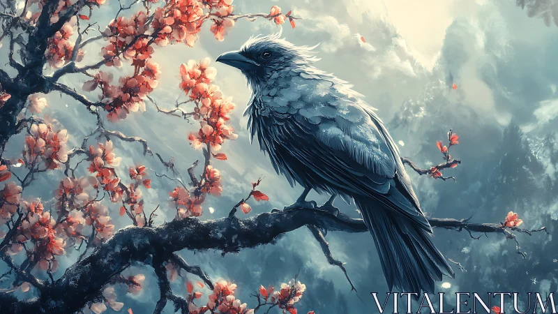 Raven remains perched on flowering branch amid diffuse mist