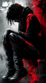 Hooded youth in grayscale alley with red neon blood streaks