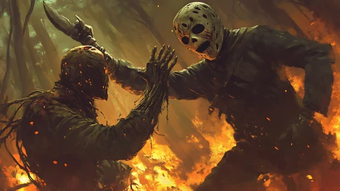 Masked slasher duel ignites a forest of burning nightmares.