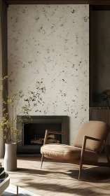Sunlit leather lounge against speckled modern hearth wall.