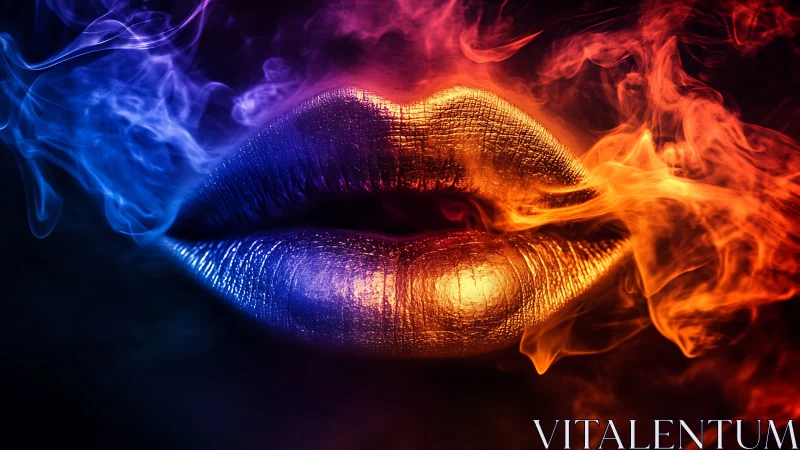 Luminous lips drift between cool blue smoke and vivid fire