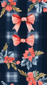 Coral Bows and Blooms on Navy Plaid.