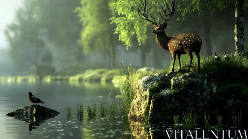 Simulated forest lakeside with stag, songbird and volumetric fog.