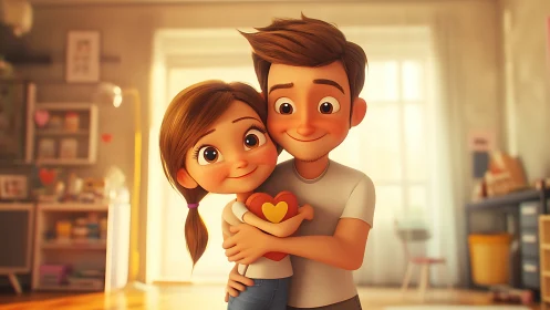 Stylized Couple in Warm Domestic Interior With Heart Symbol.