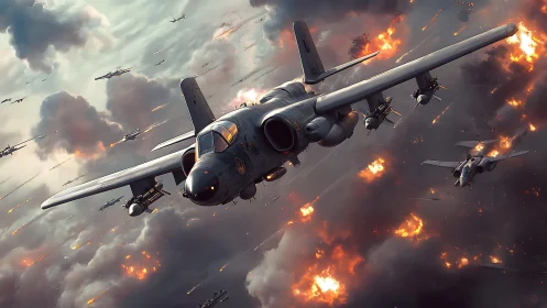 Storm-gray attack jets cutting through explosive warzone skies.