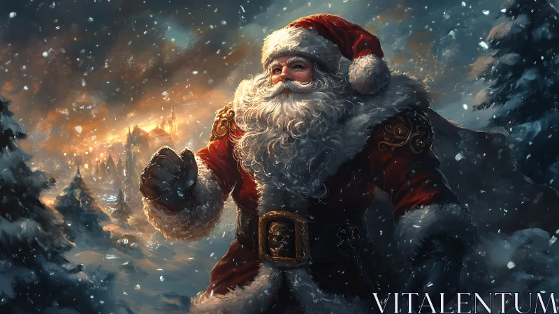 Epic Santa Claus strides through glowing winter storm.
